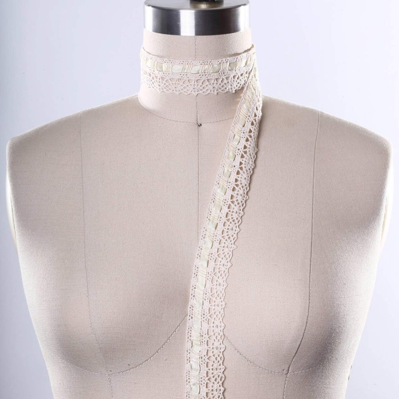 1 Yard 1.25" Beige Cotton Eyelet Cluny Lace Trim with Removable Ribbon Vintage Style